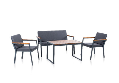 Aspen Loft Ahşap Detaylı Metal Bahçe ve Balkon Oturma Grubu - 4 Kişilik Antrasit Minderli Set