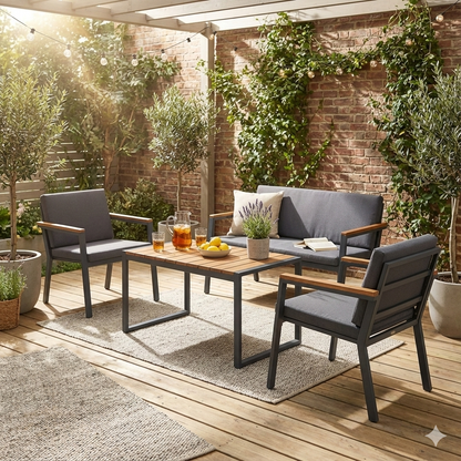 Aspen Loft Ahşap Detaylı Metal Bahçe ve Balkon Oturma Grubu - 4 Kişilik Antrasit Minderli Set